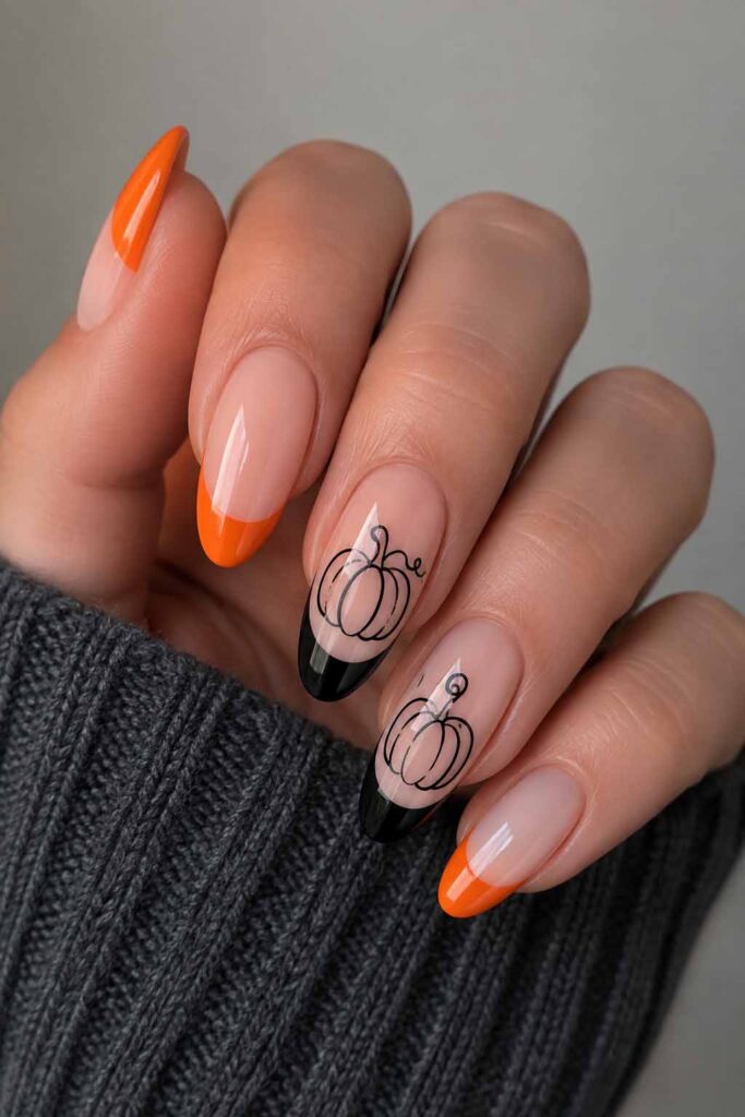 Halloween manicure with a graphic pumpkin design