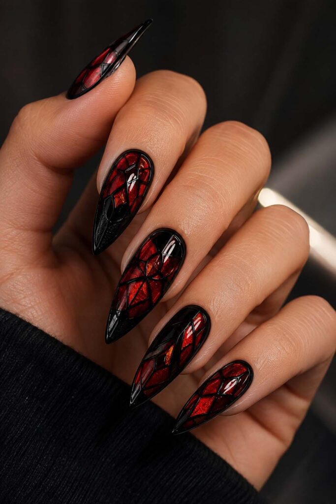 Women's nails with a stained glass Halloween manicure
