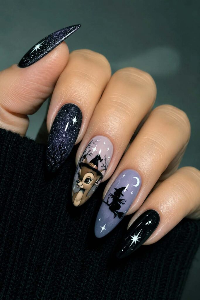 A woman's hand with a Halloween manicure. The Bambi nail reimagined as a witch's nail.