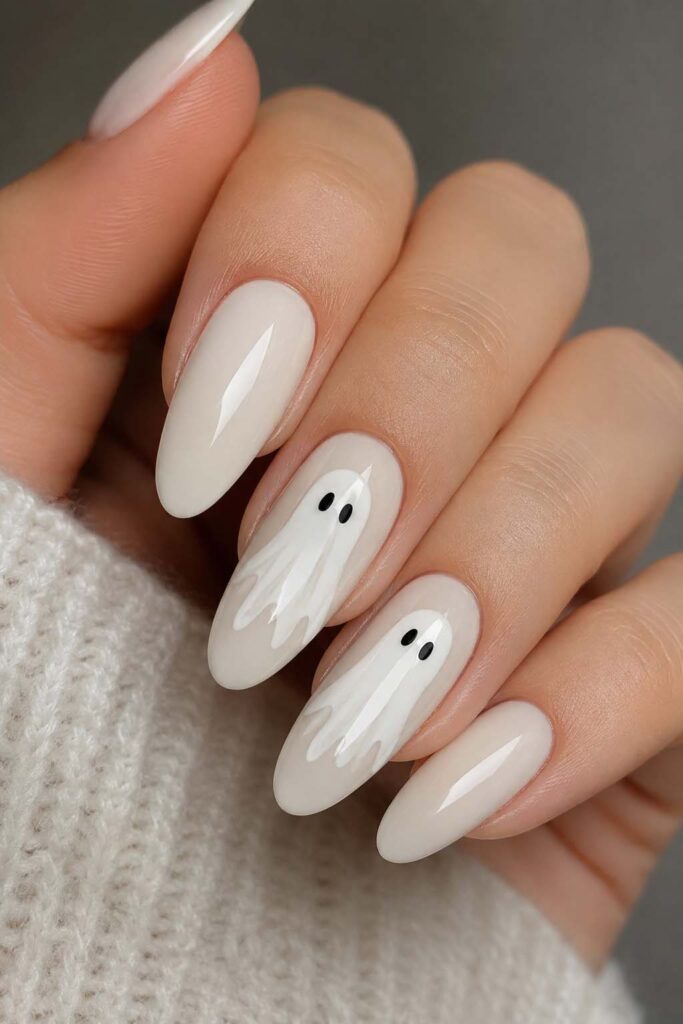 A woman's hand with a white Halloween manicure, Cloud Dancer transformed into a ghost silhouette