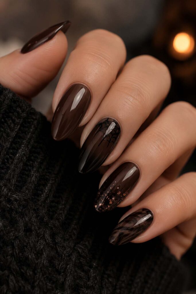 A woman's hand with a gothic chocolate Halloween manicure